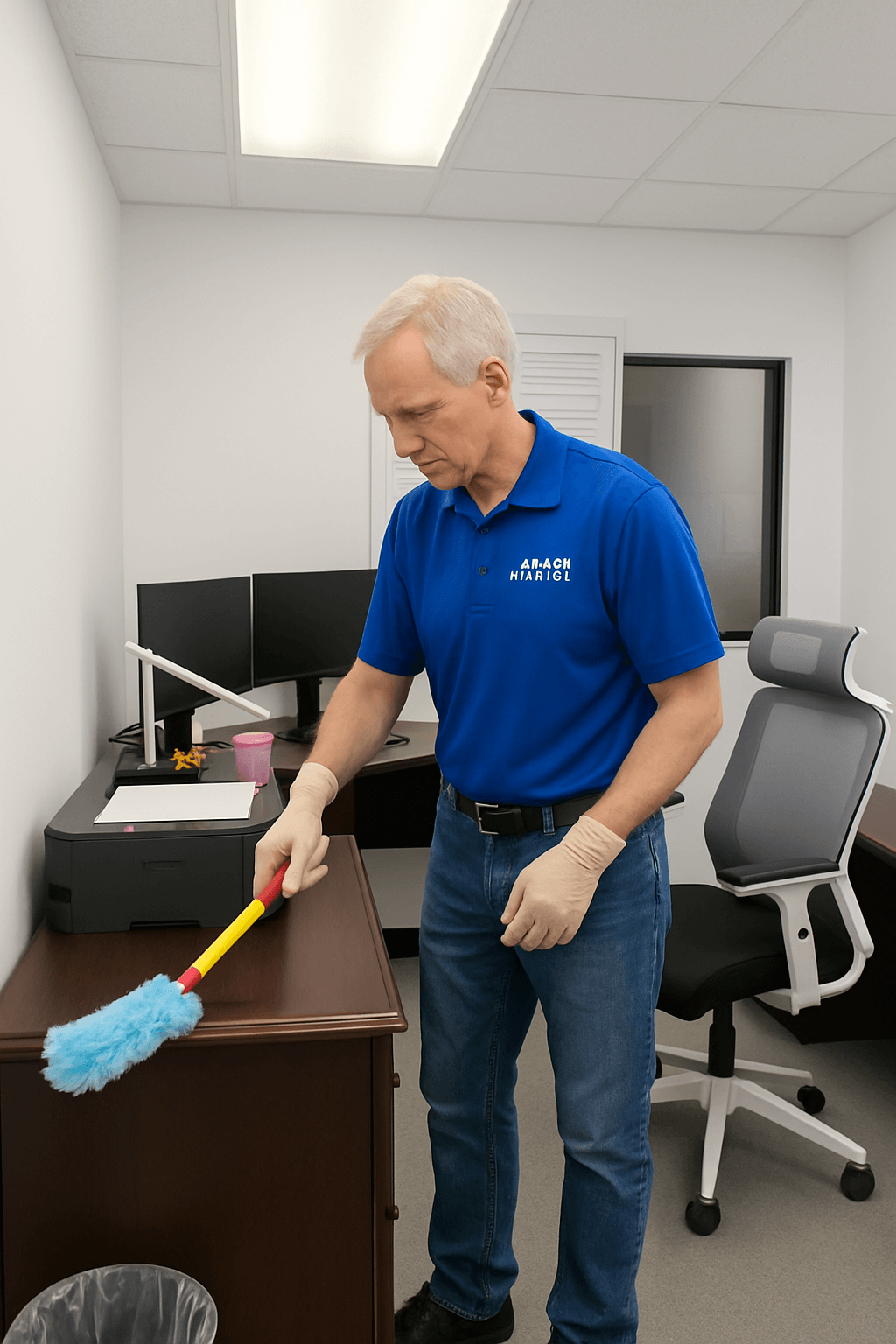 a commercial cleaning person hired by janstar janitorial services, cleaning a office