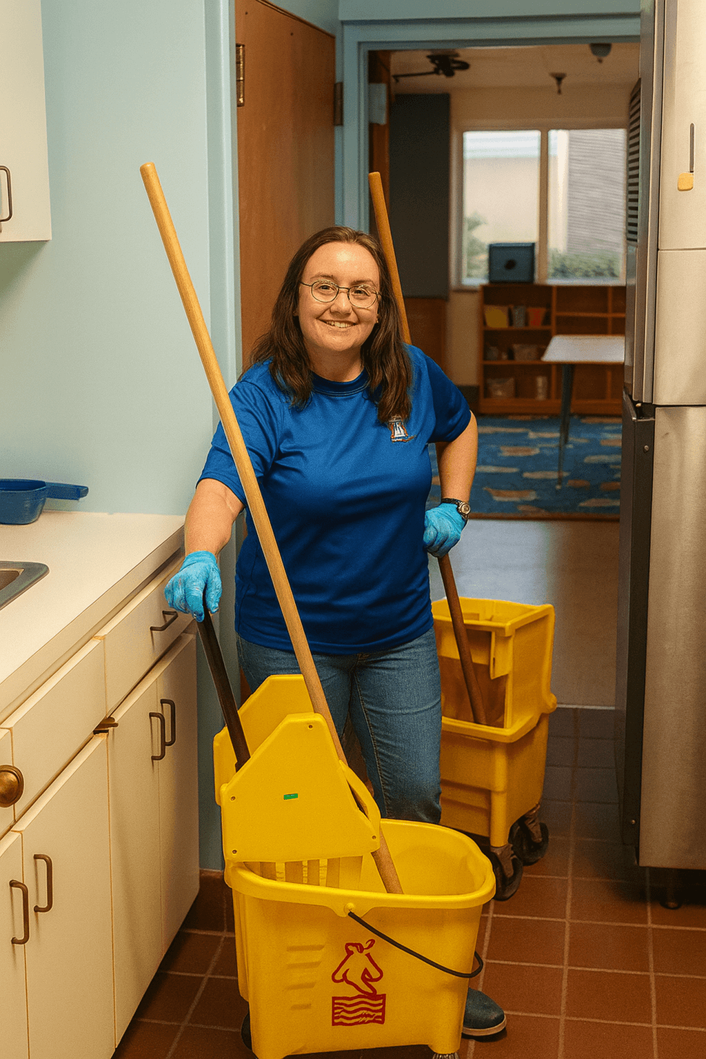 commercial cleaning person preparing to mop a floor