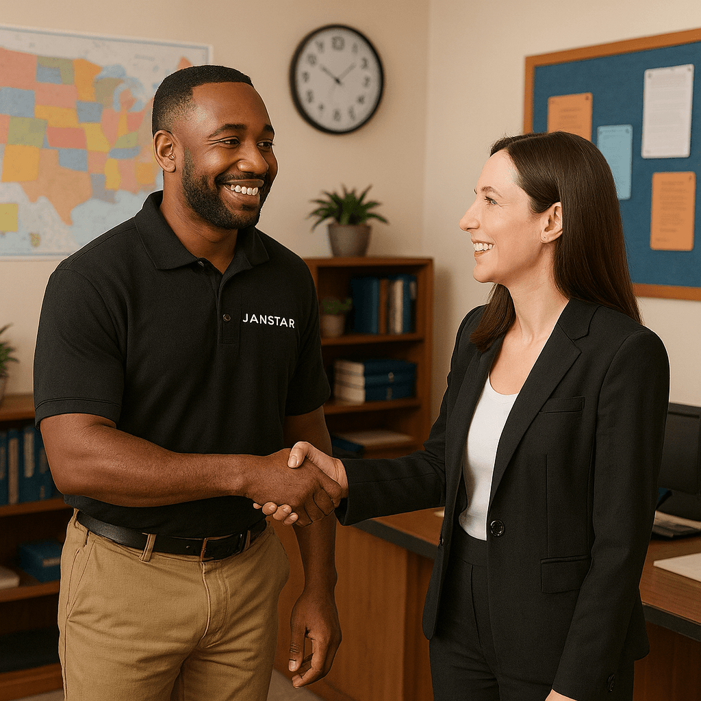 janstar janitorial employee meeting with customer