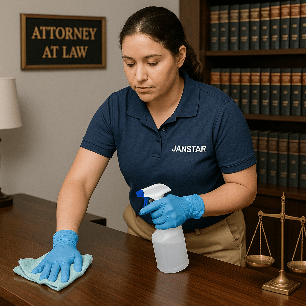 A cleaning person wiping a desk of a law office.