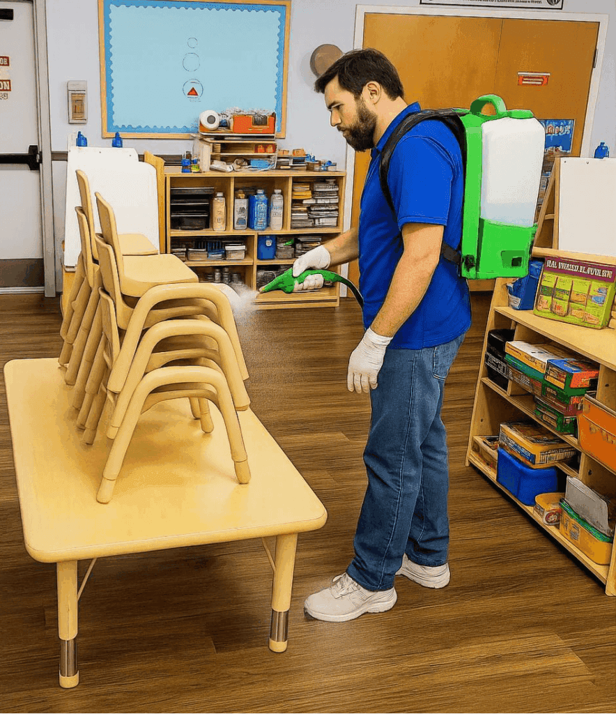 a school classroom being professionally disinfected using a electrostatic sprayer