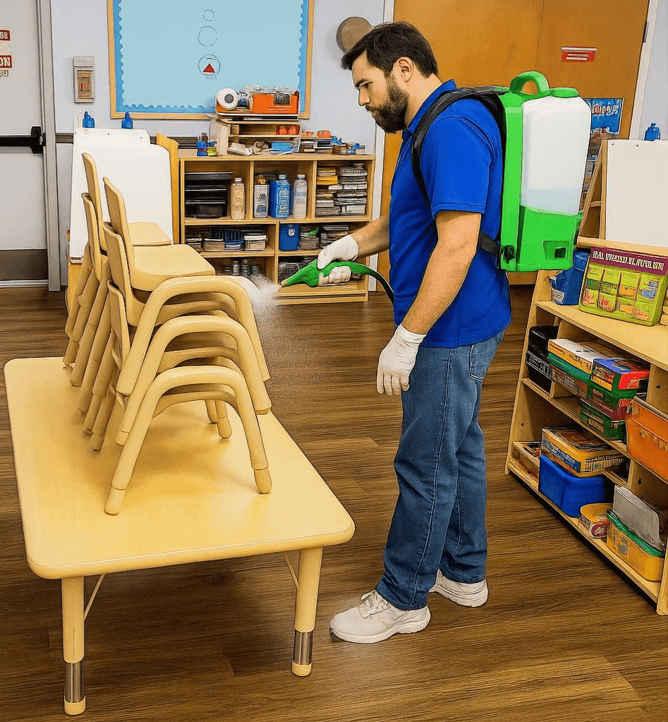 a school classroom being professionally disinfected using a electrostatic sprayer