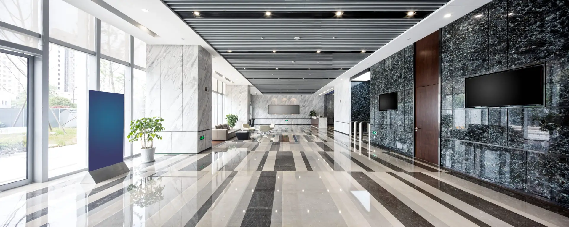 Office building lobby cleaned by janstar janitorial commercial cleaning services in greater Orlando