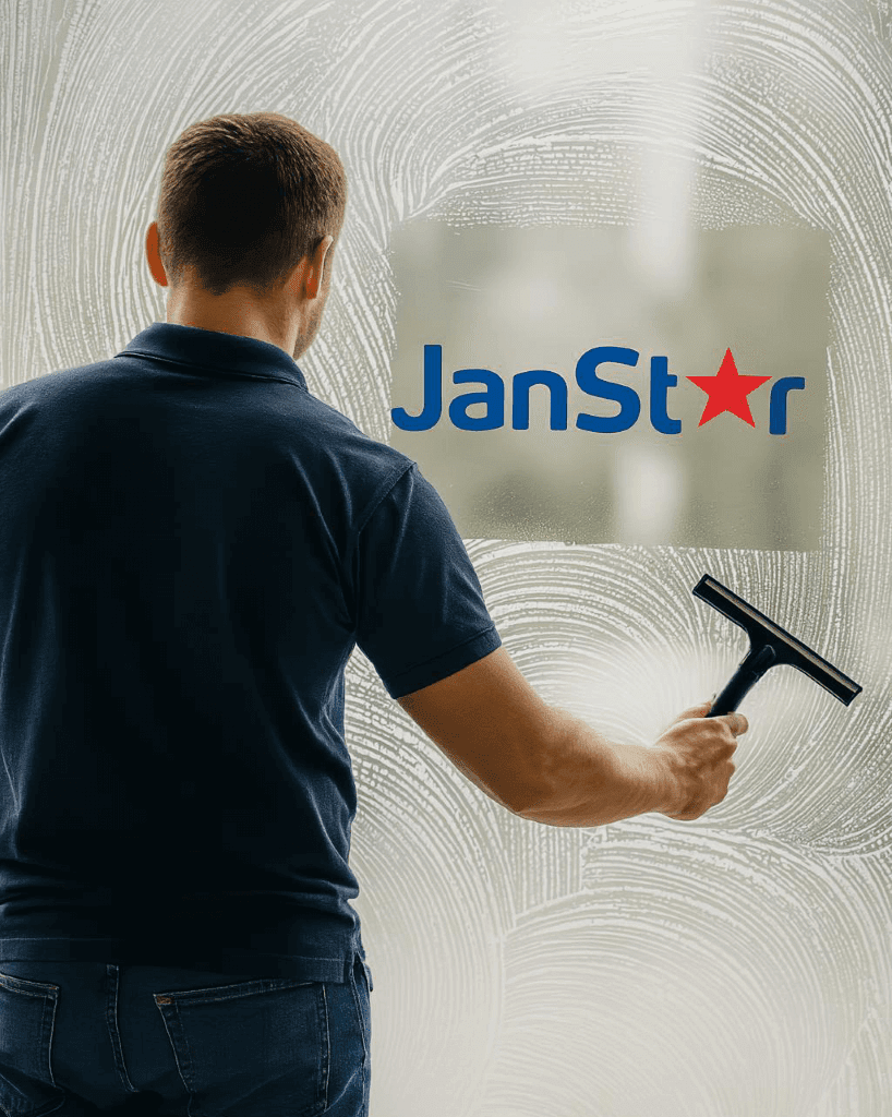 a glass window being professionally cleaned by janstar janitorial