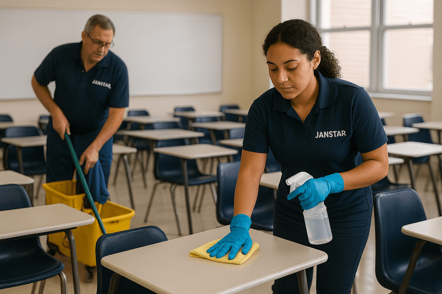a classroom being cleaned by janstar janitorial services